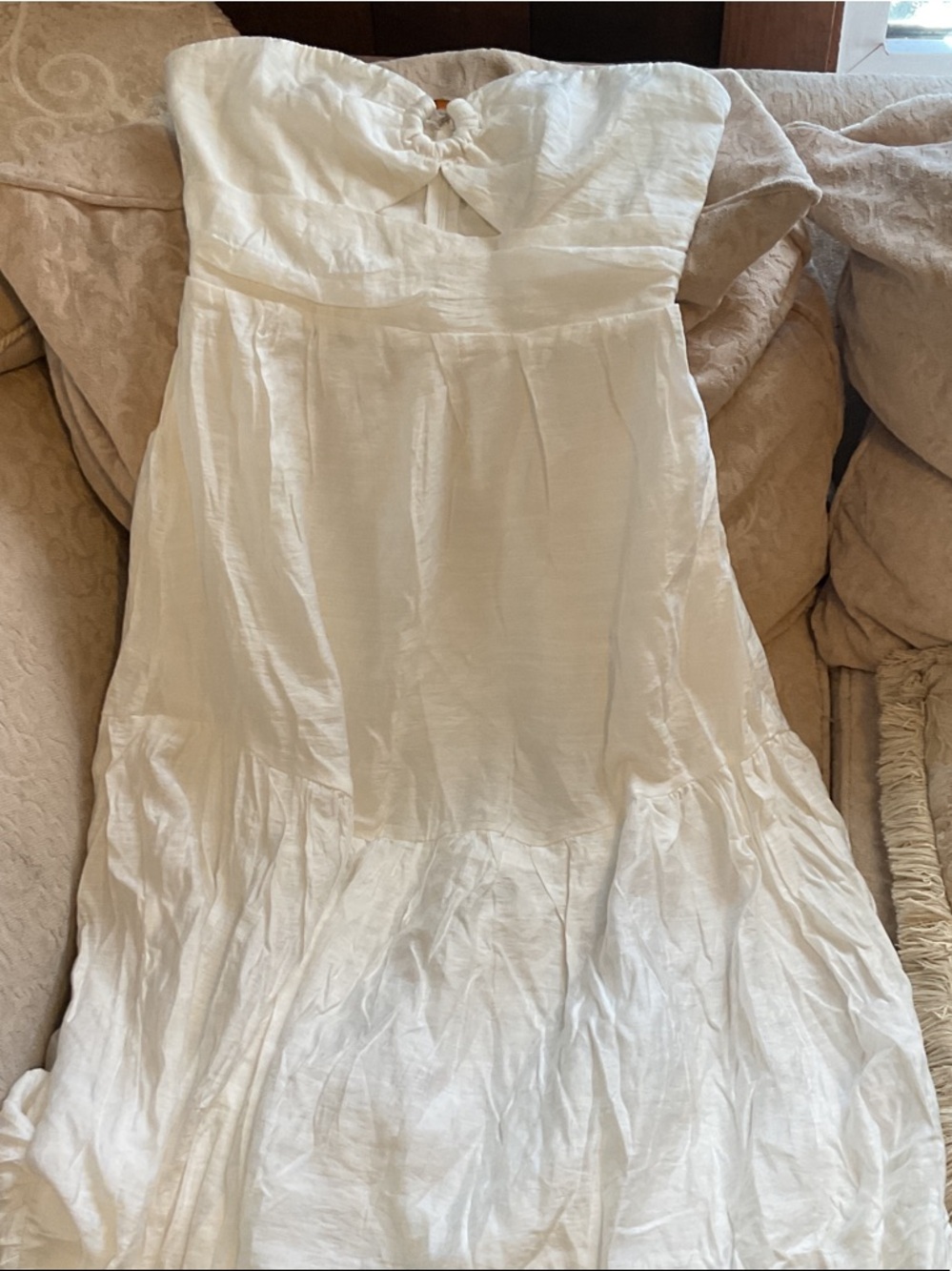 Strapless White Summer Maxi Dress with Front Knot Detail